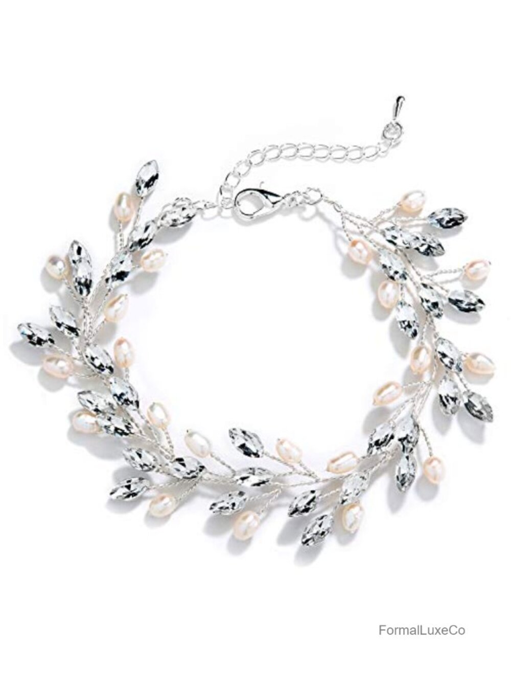 Crystal Pearl Bridal Bracelet 7-8.5 In Silver Chain Lobster Claw